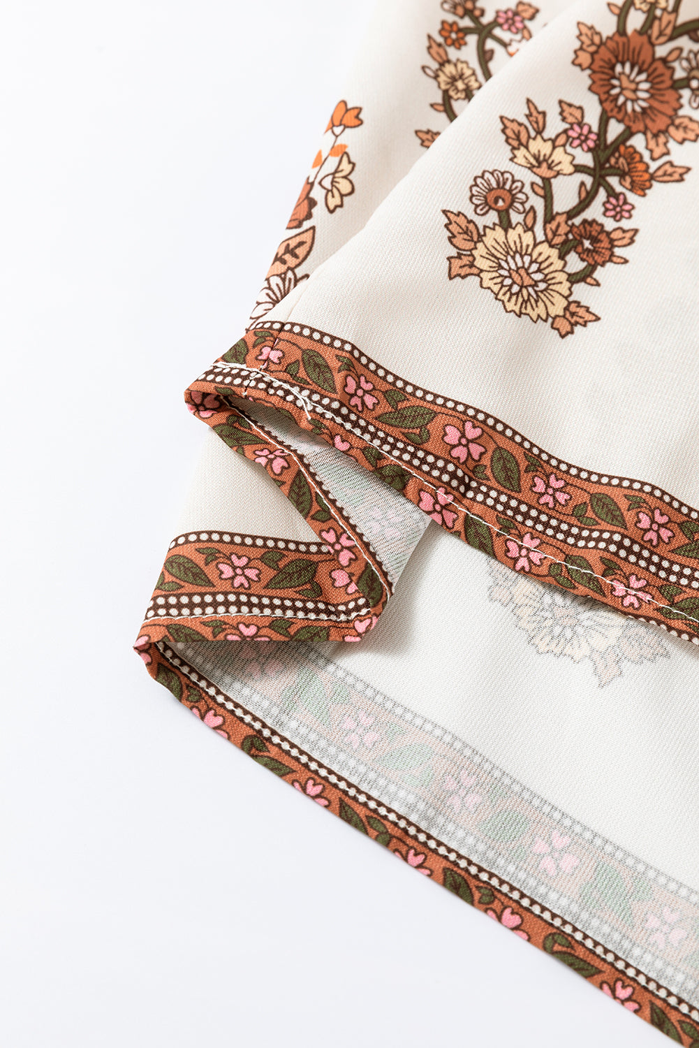 khaki Floral Print Tie Neck Lantern Sleeve Blouse