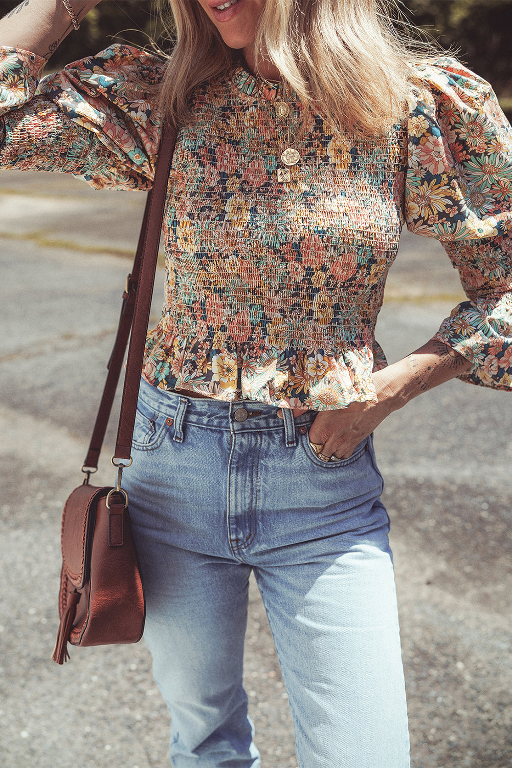 Multicolor Floral Print Smocked Bubble Sleeve Ruffled Crop Top