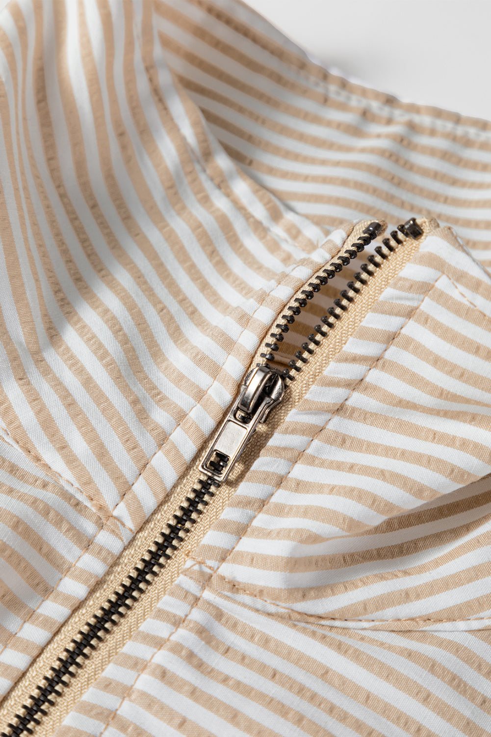 Beige Quarter Zip Striped Patchwork Drop Shoulder Loose Long Sleeve Top