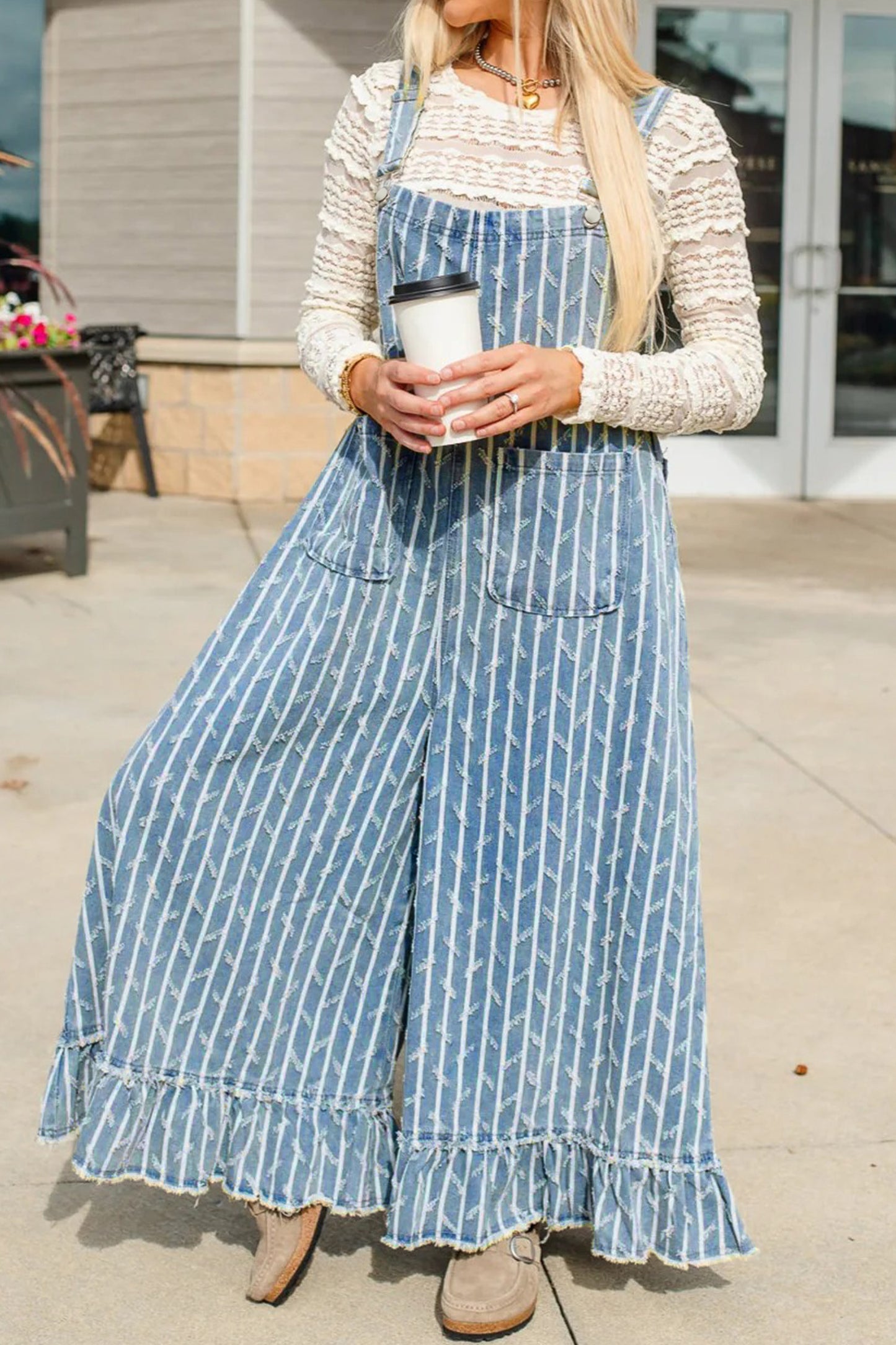 Light Denim Striped Wide Leg Overalls Women S–XL