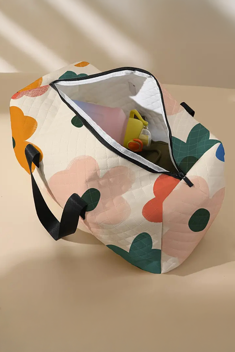 Flower Print Quilted Large Duffel Bag | White