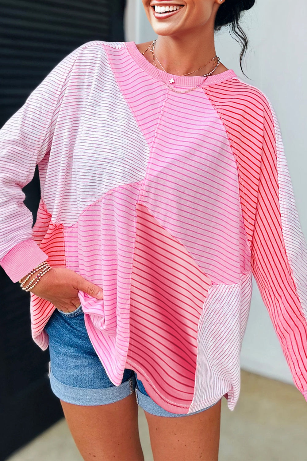 Pink Colorblock Stripe Long Sleeve Top Women S–XL