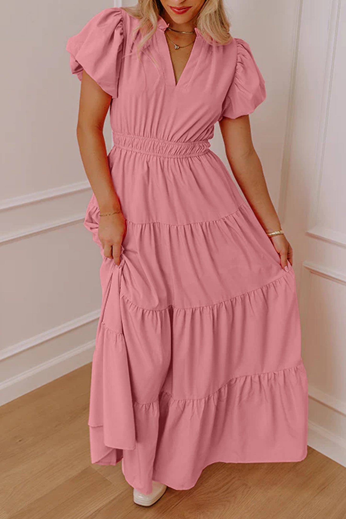 V-Neck Puff Sleeve High Waist Tiered Maxi Dress | 5 Colours | S–XL
