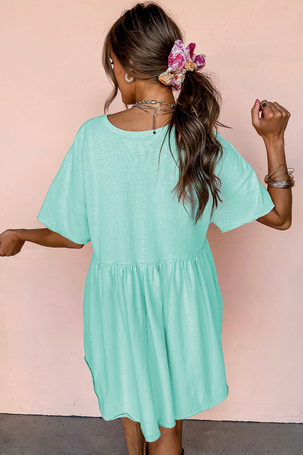 Solid Color Pocketed Raw Edge Babydoll Mini Dress