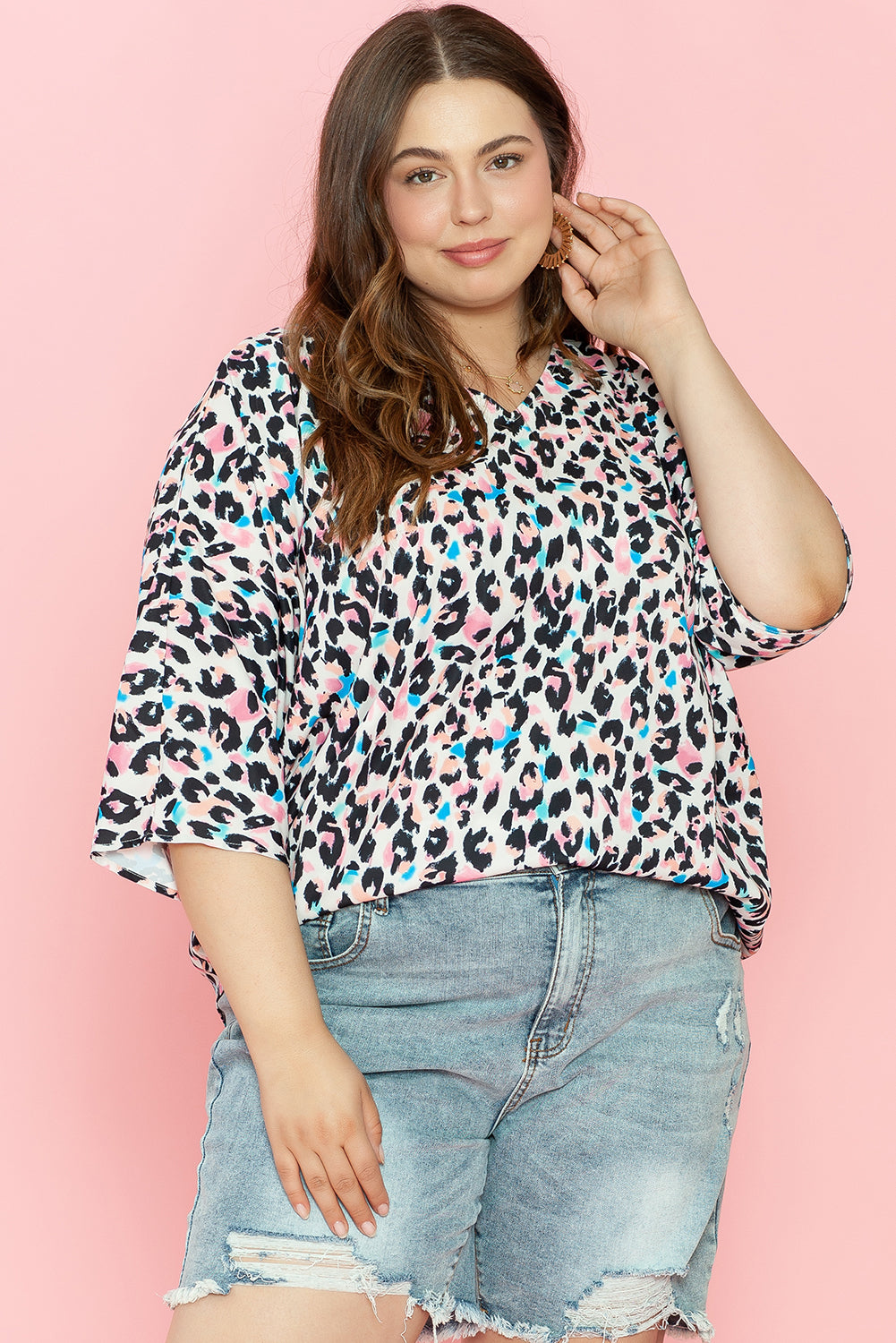 Leopard Print V-Neck Batwing Sleeve Top | Plus Size | Multicolor | 1X–3X
