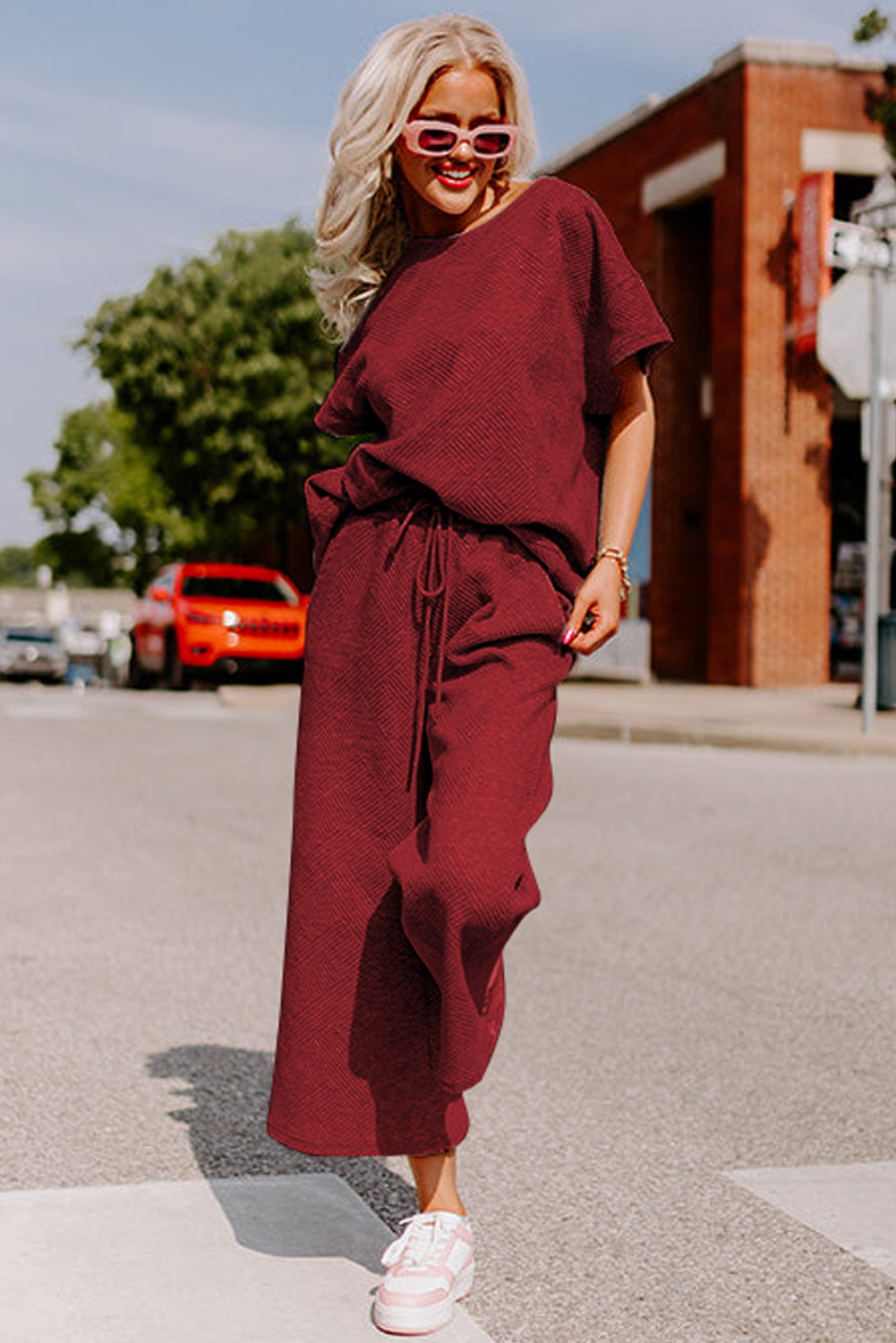 Red Matching Set Loose Tee Drawstring Pants Women S–2XL