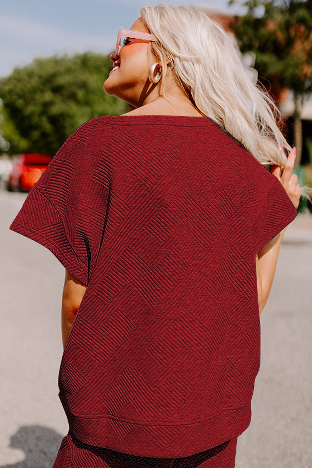 Red Matching Set Loose Tee Drawstring Pants Women S–2XL