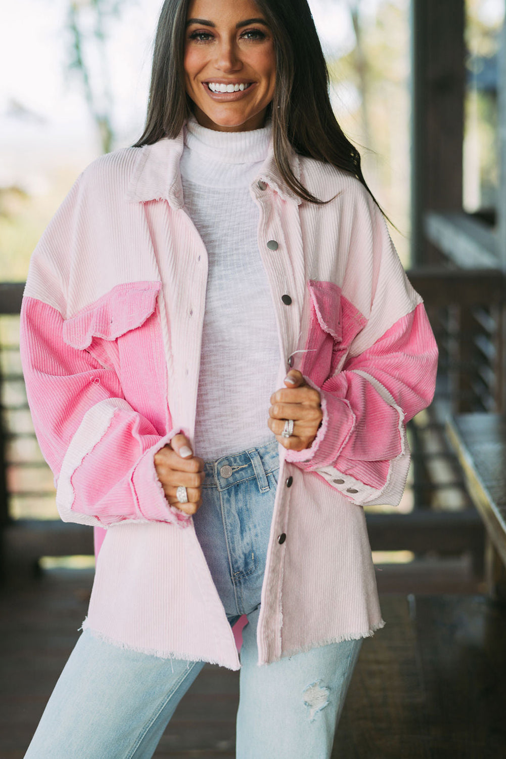 Two-Tone Pink Exposed Seam Corduroy Shacket