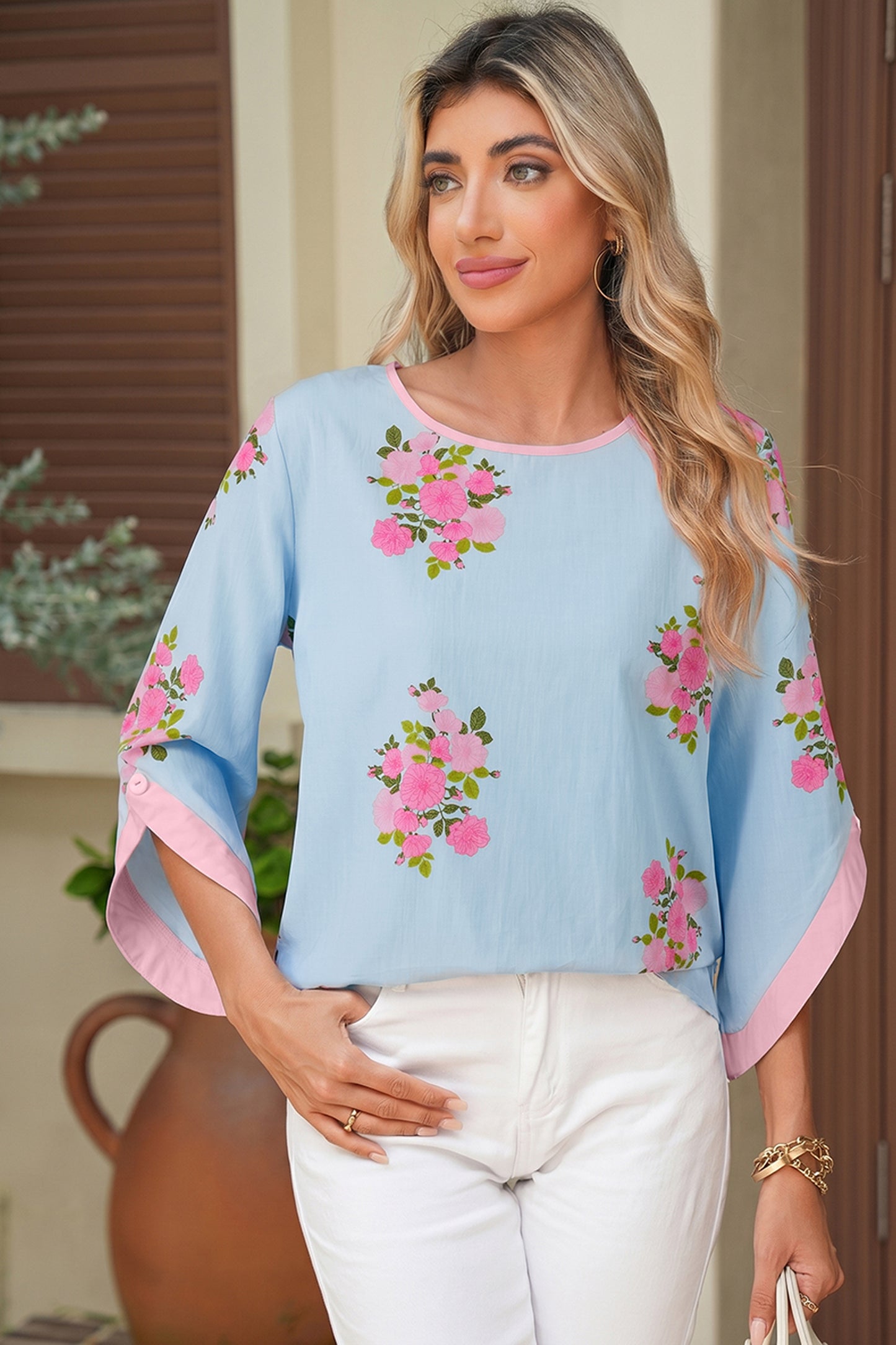 Floral Print 3/4 Sleeve Button Detail Blouse Women S–XL