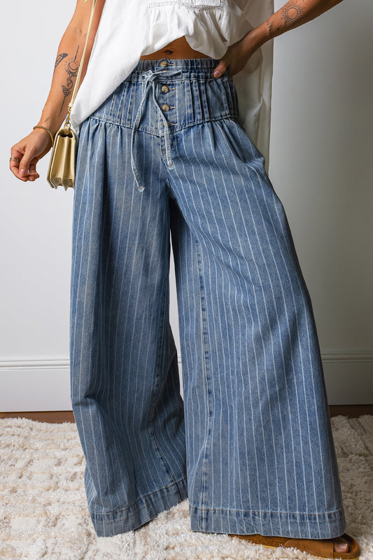 Blue Stripe Button Detail Drawstring Wide Leg Jeans – Women Sizes 4–16