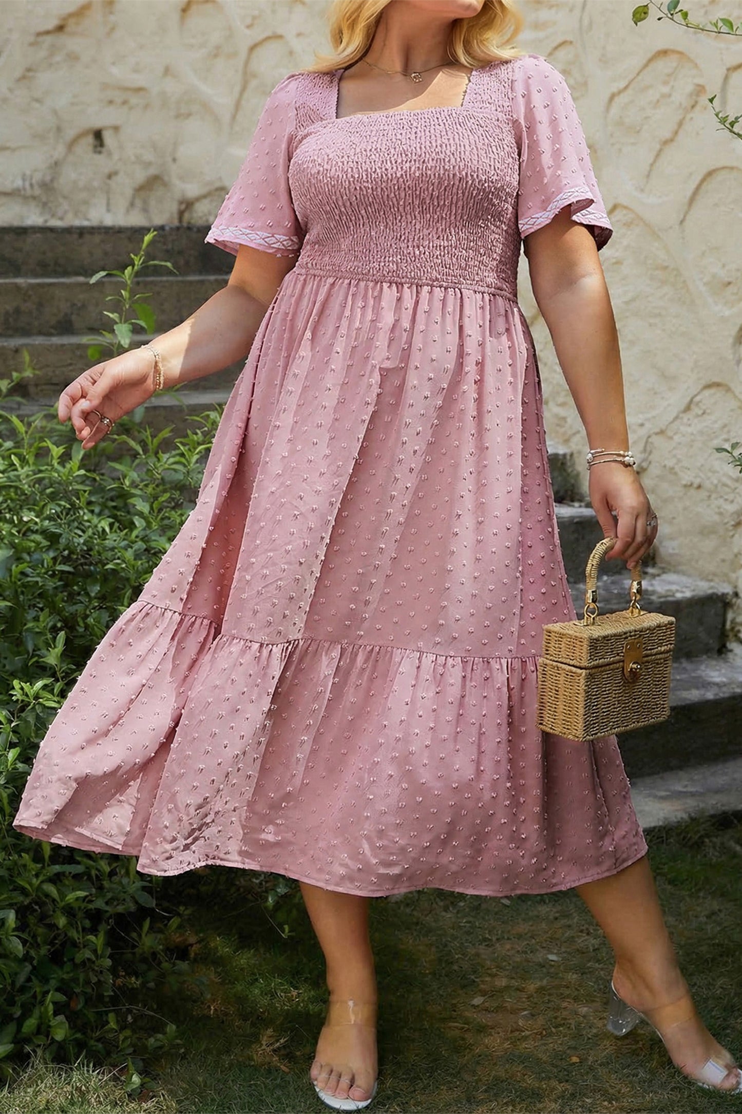 Plus Size Swiss Dot Smocked High Waist Flowy Midi Dress Pink 1X–4X