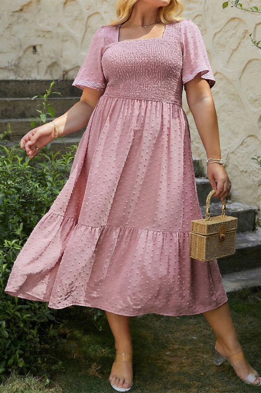 Plus Size Swiss Dot Smocked High Waist Flowy Midi Dress Pink 1X–4X