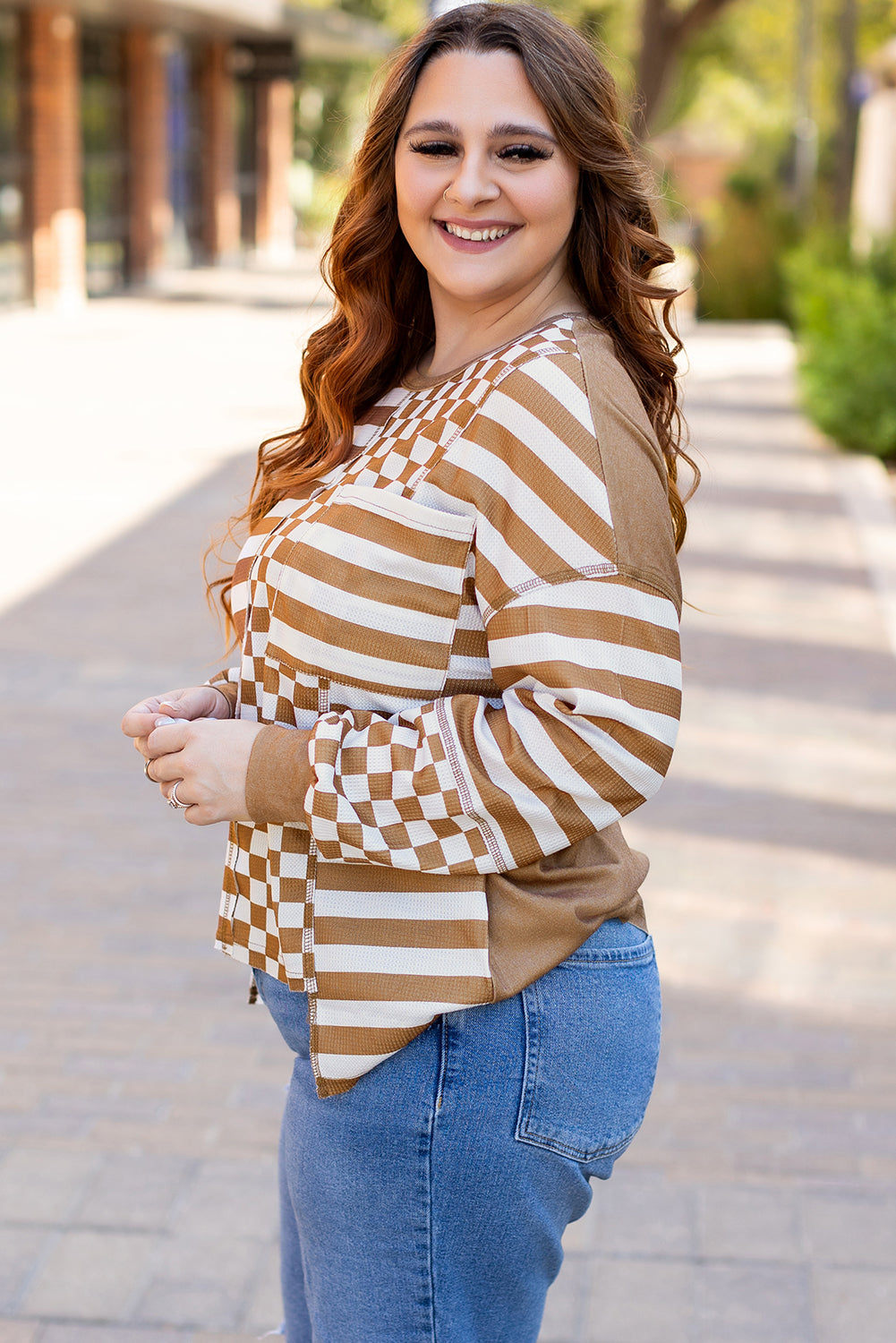 Striped Checkered Mixed Print Chest Pocket Top | Khaki | 1X–4X
