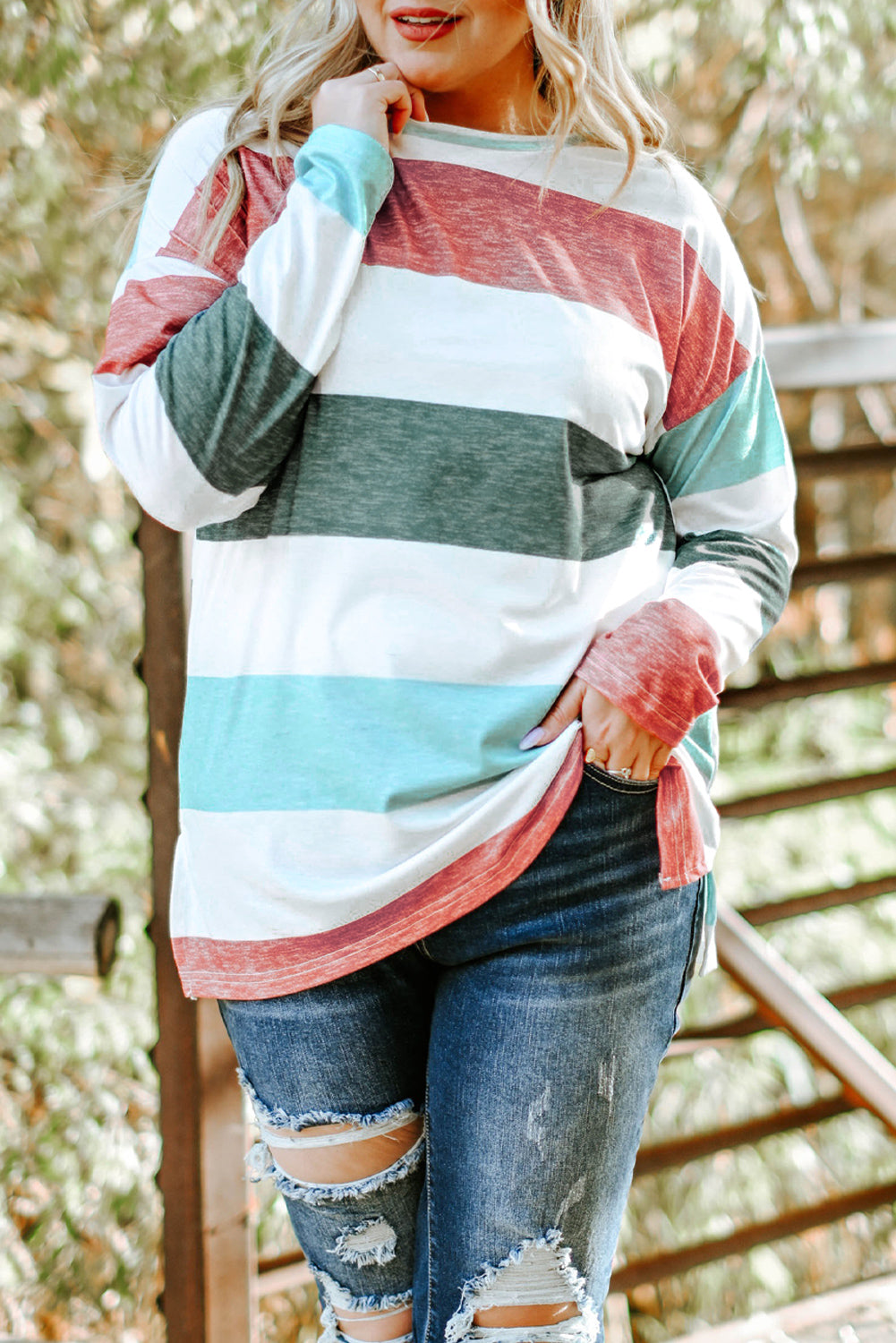 Plus Size Striped Long Sleeve Top Women Multicolor 1X–4X