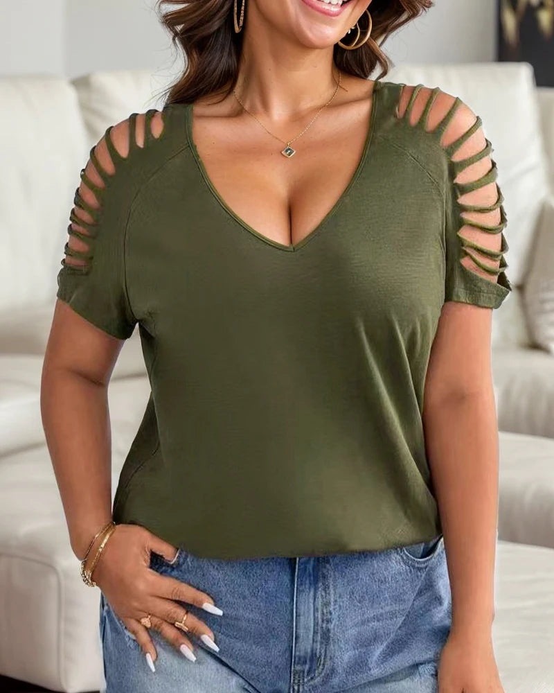 European Style Plus Size Women's V Neck Casual Hollow Shirt