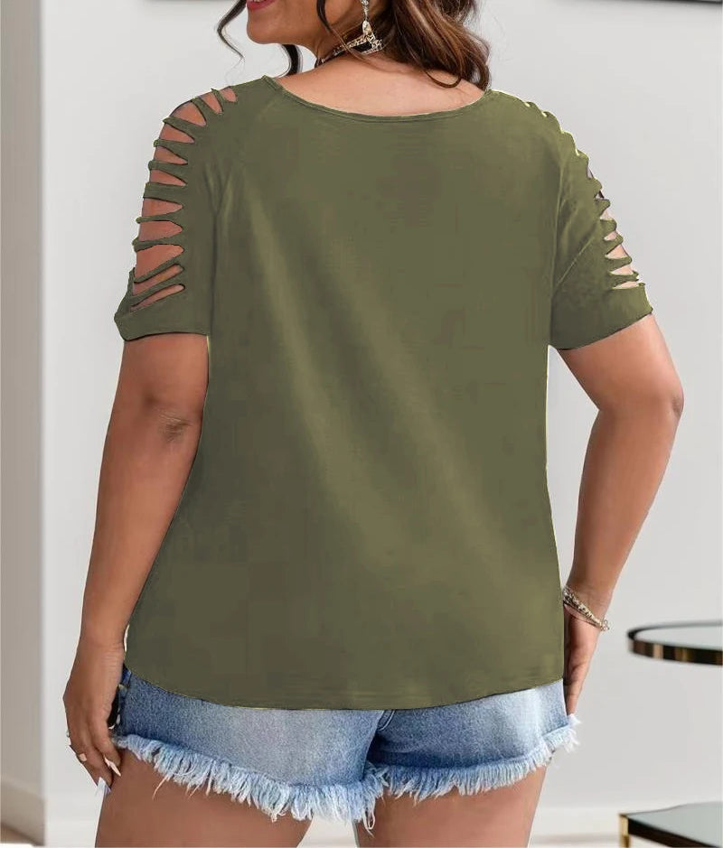 European Style Plus Size Women's V Neck Casual Hollow Shirt
