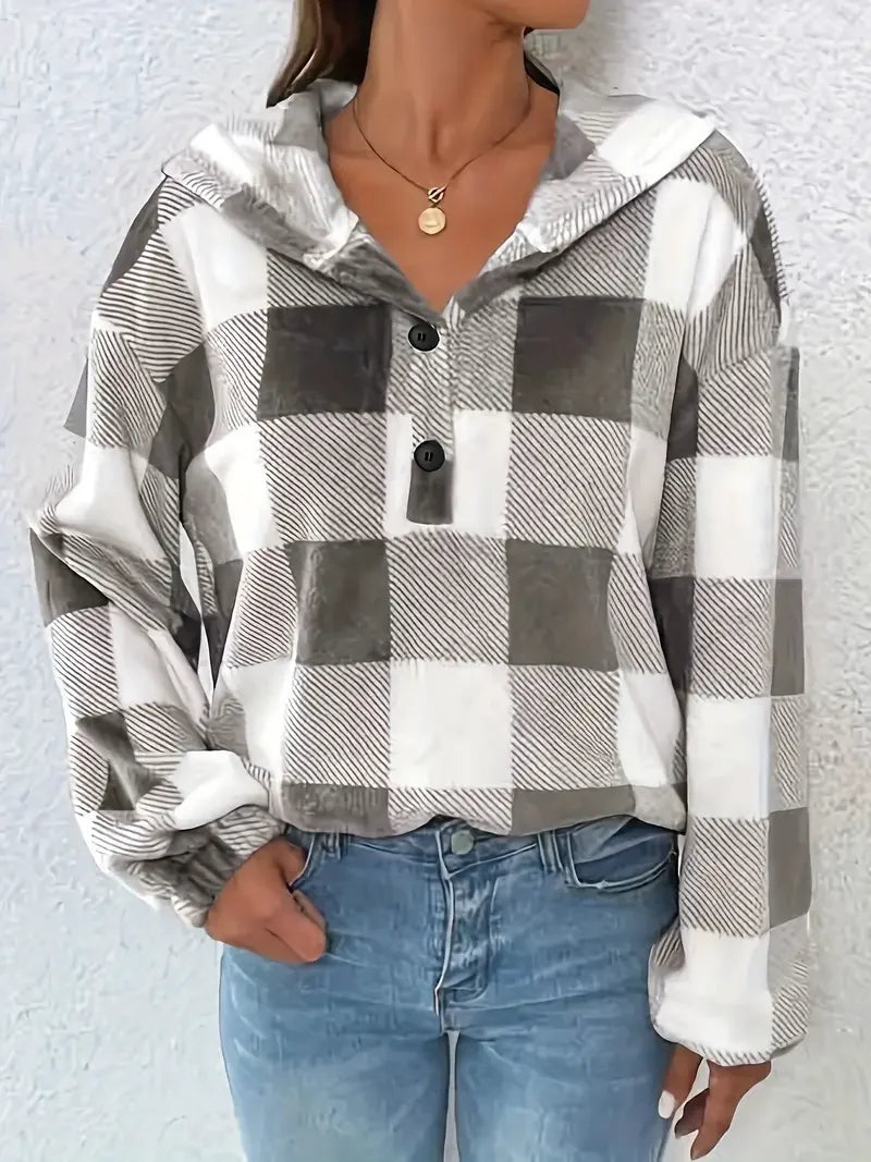 Plus Size Casual Sweatshirt Women's Plaid Print Long Sleeve Henley Hooded T-Shirt