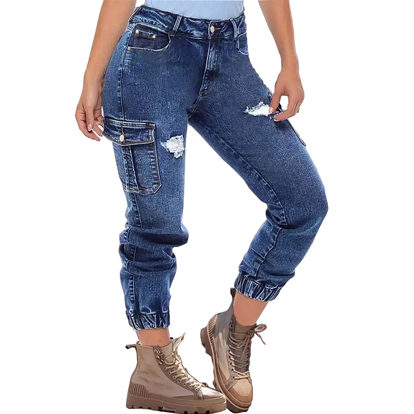 Women's Distressed Stretch Cropped Cargo Jeans - Multi-Pocket Denim with Elastic Cuff