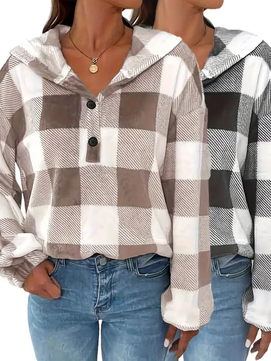 Plus Size Casual Sweatshirt Women's Plaid Print Long Sleeve Henley Hooded T-Shirt
