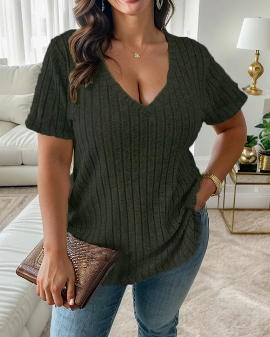 European Style High Quality Plus Size Women's V Neck Striped Top.