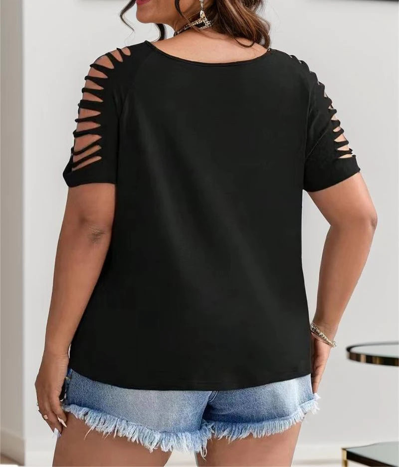 European Style Plus Size Women's V Neck Casual Hollow Shirt