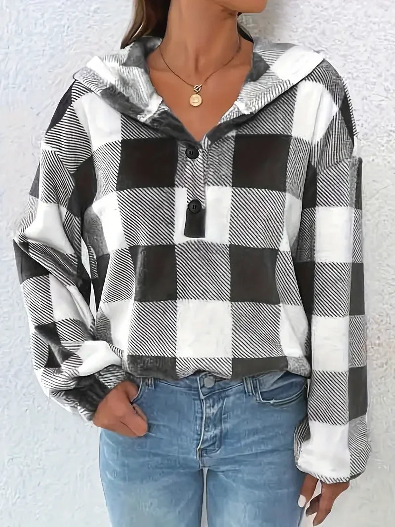 Plus Size Casual Sweatshirt Women's Plaid Print Long Sleeve Henley Hooded T-Shirt