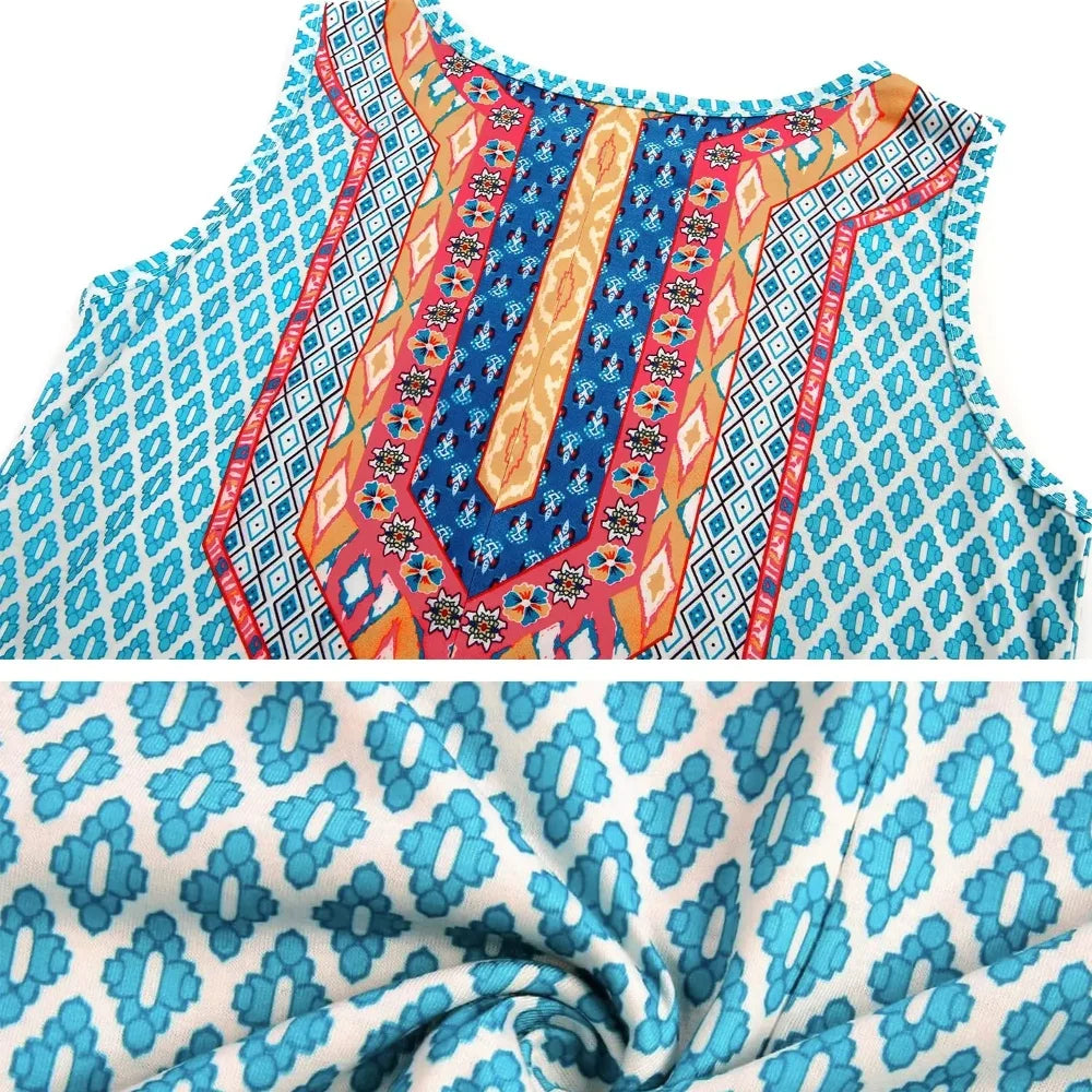 Bohemian Print Casual Sleeveless Women's Round Neck Dress Sweetheart Rustic Country Sleeveless Dress.  S-3X