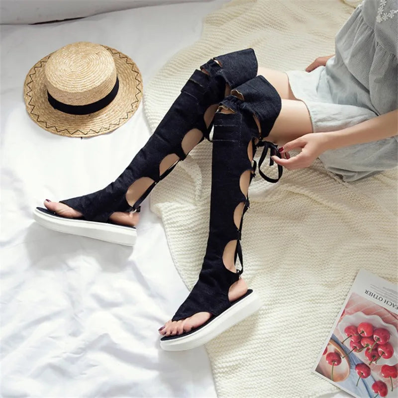 Rome Style Hollow Out Summer Long Denim Shoe/Boots Cross tied High Leg Gladiator Sandal