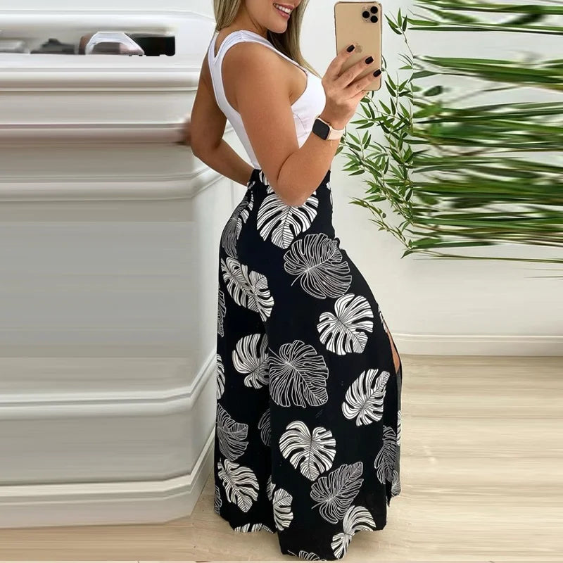 Ladies Solid Cut-out Tank Top & Tropical Print Split Wide Leg Pant Set