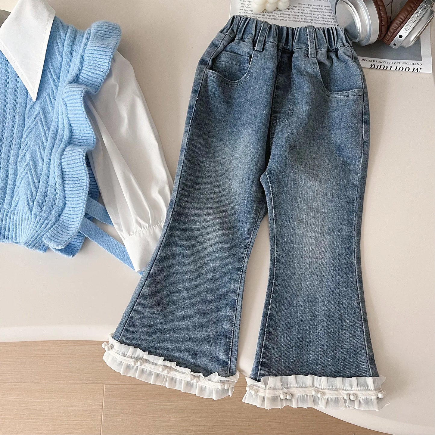 Autumn Girls' Casual Three-Piece Set Trendy Knitted Vest with Solid Pattern Worested Fabric Shirt and Jeans
