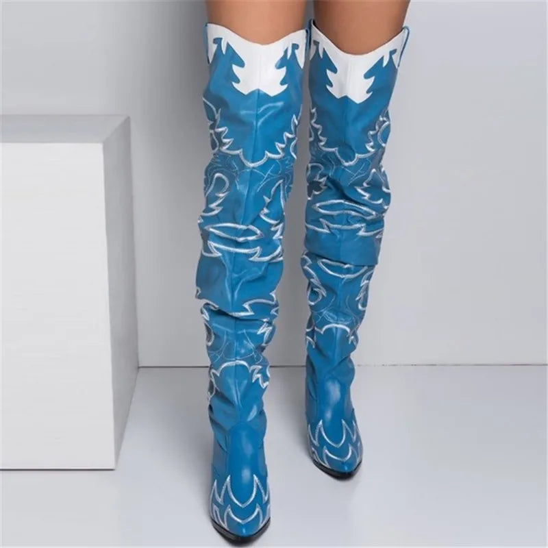 Blue Western Cowboy Over The Knee Boots Fashion Chunky Wedge Heel Designer Pointed Toe Thigh High Boots