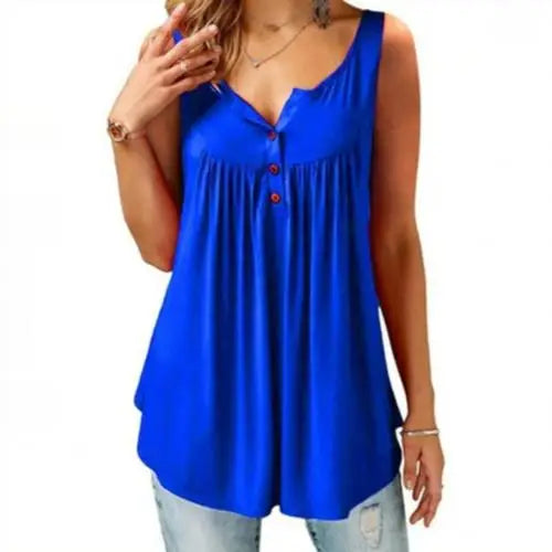 Women Tank Top Loose Solid Sleeveless Pleated Tank Top.   M-3X