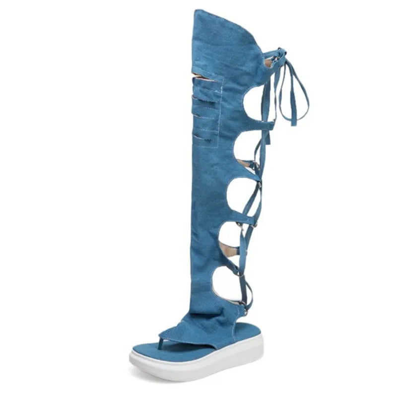 Rome Style Hollow Out Summer Long Denim Shoe/Boots Cross tied High Leg Gladiator Sandal