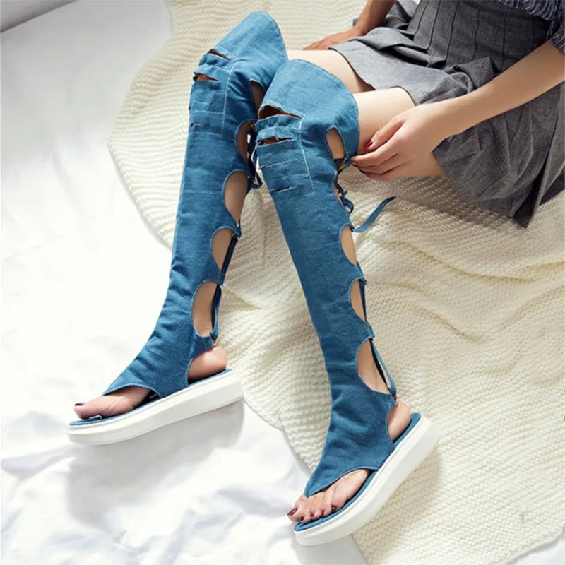 Rome Style Hollow Out Summer Long Denim Shoe/Boots Cross tied High Leg Gladiator Sandal