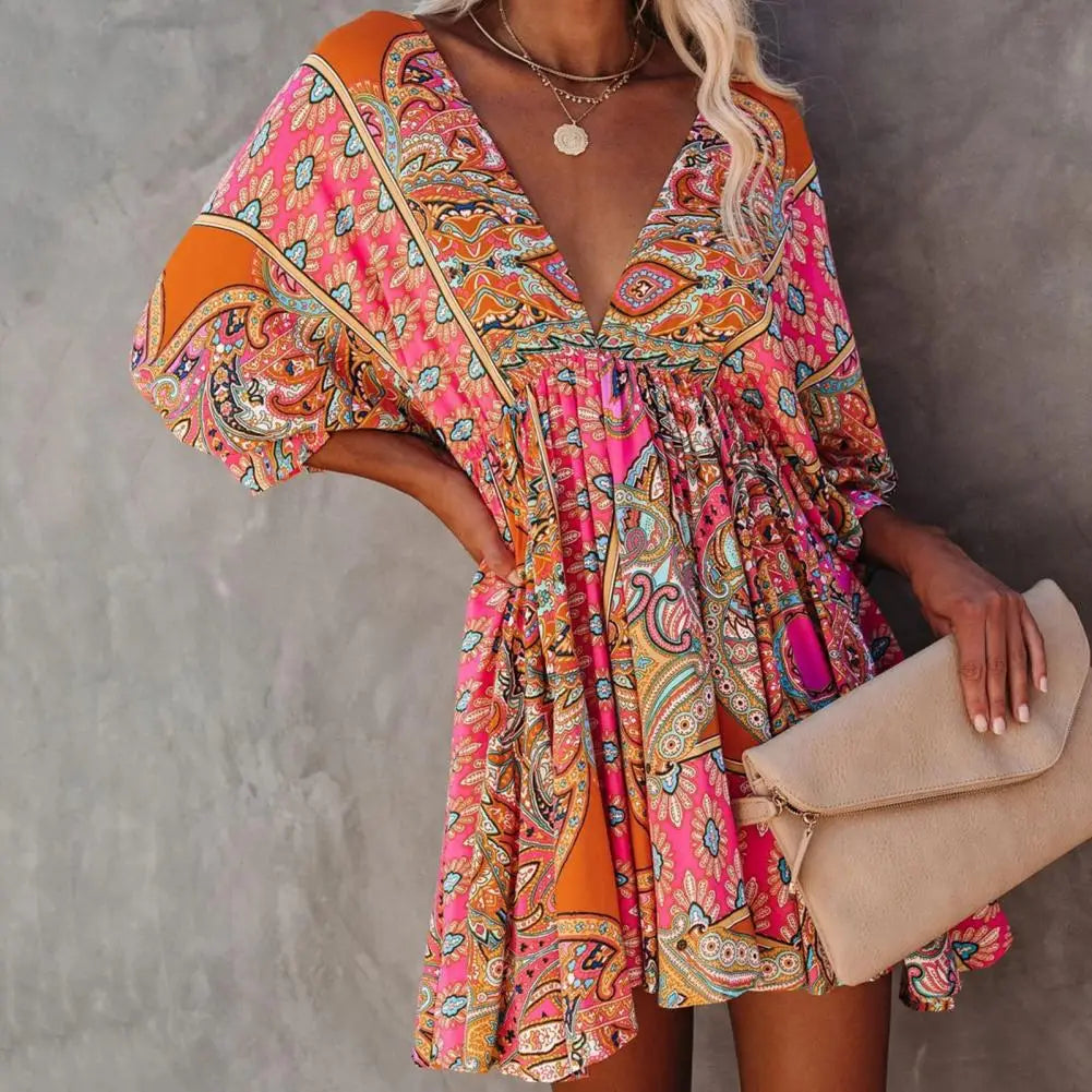 Popular Deep V Neck Mini Dress All Match Pleated Hem Women 3/4 Sleeve Print A-Line Tunic Dress