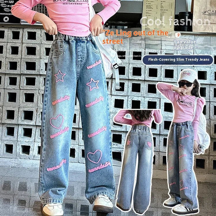 Casual Print Decoration Loose Wide Leg Kids Clothes for Big Girls Baggy Jeans with Straight Style Children's Clothing for Girls