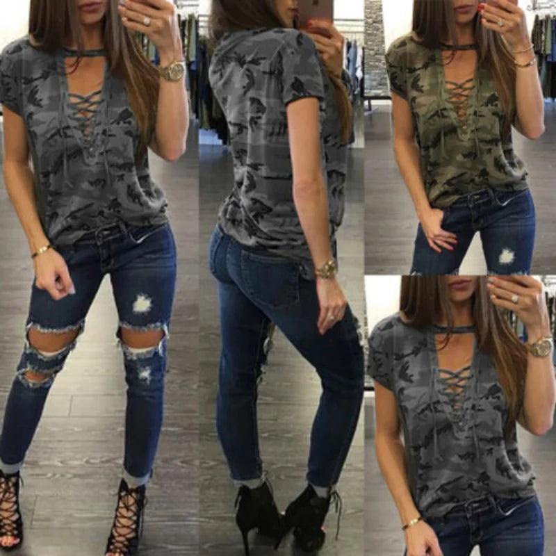Summer Women Short Sleeve Camouflage Loose Casual Shirt.  S-4X