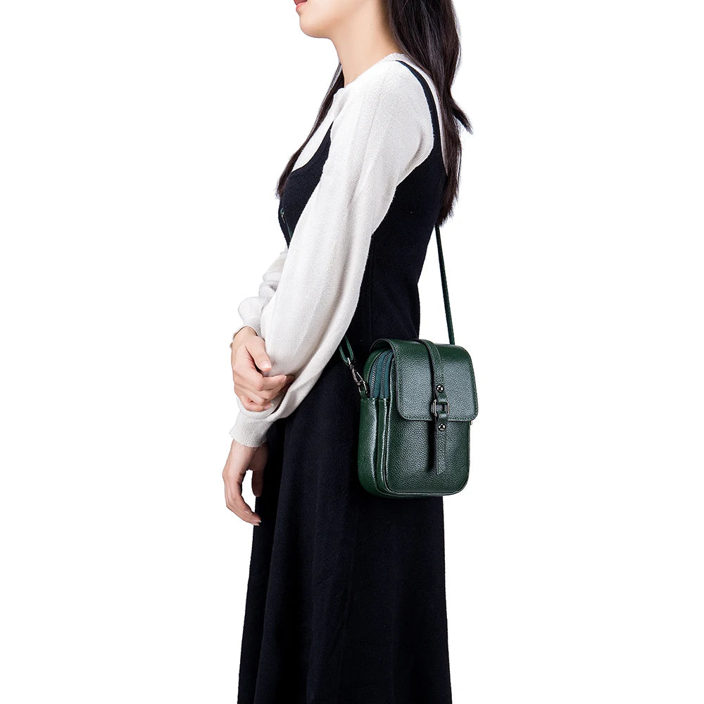 Genuine Leather Women Small Shoulder Bag Cute Crossbody Messenger Female Little Soft Purse Double Zipper Pockets