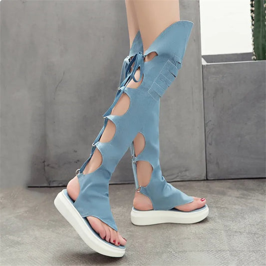 Rome Style Hollow Out Summer Long Denim Shoe/Boots Cross tied High Leg Gladiator Sandal