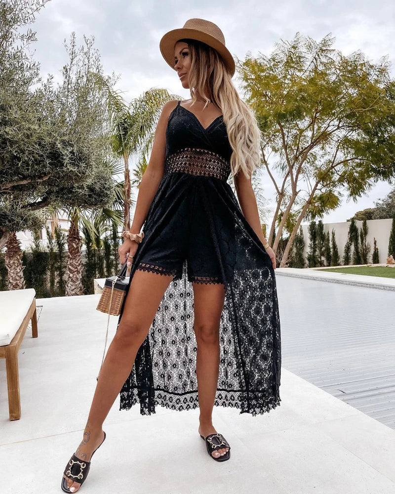 Summer V Neck Solid Color Lace Hollow-Out Sleeveless Sling Party Wear High Waist Romper.