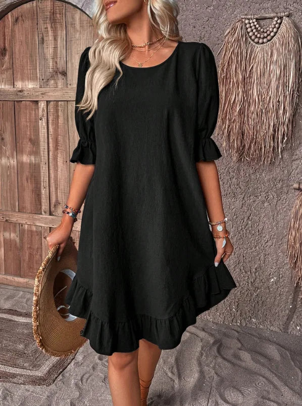 Women's Short Sleeved Round Neck Solid Colour Loose Hem Dress.  S-3X