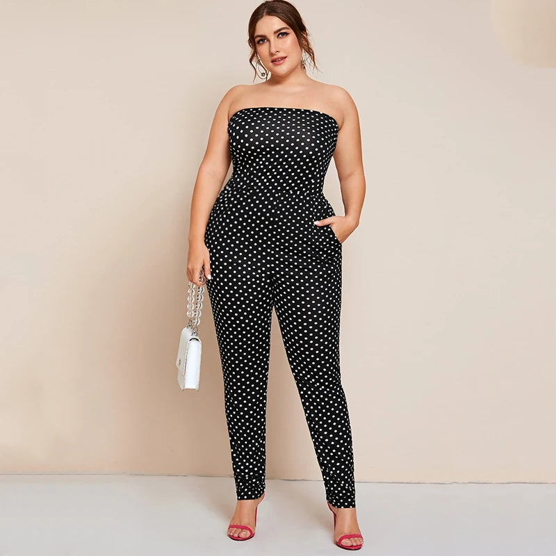 Plus Size Dot Printed Strapless Sexy Pocket Summer Spring Elegant Fashion Jumpsuit.