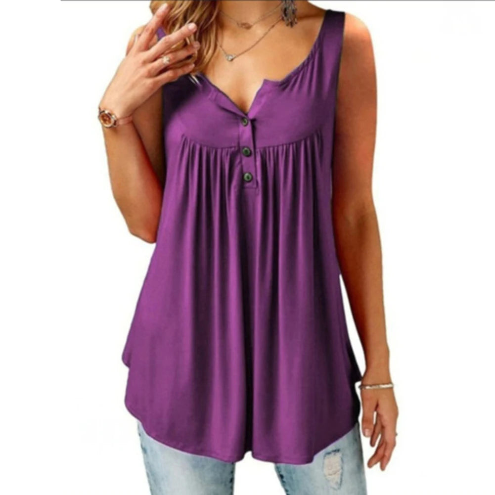 Women Tank Top Loose Solid Sleeveless Pleated Tank Top.   M-3X