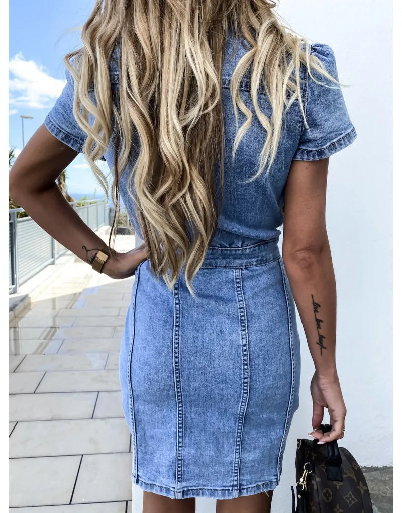 New Arrival Retro Denim Dress For Women Short Sleeve Slim Jean Dress Fashion Casual Stretch Dress.   S-XL