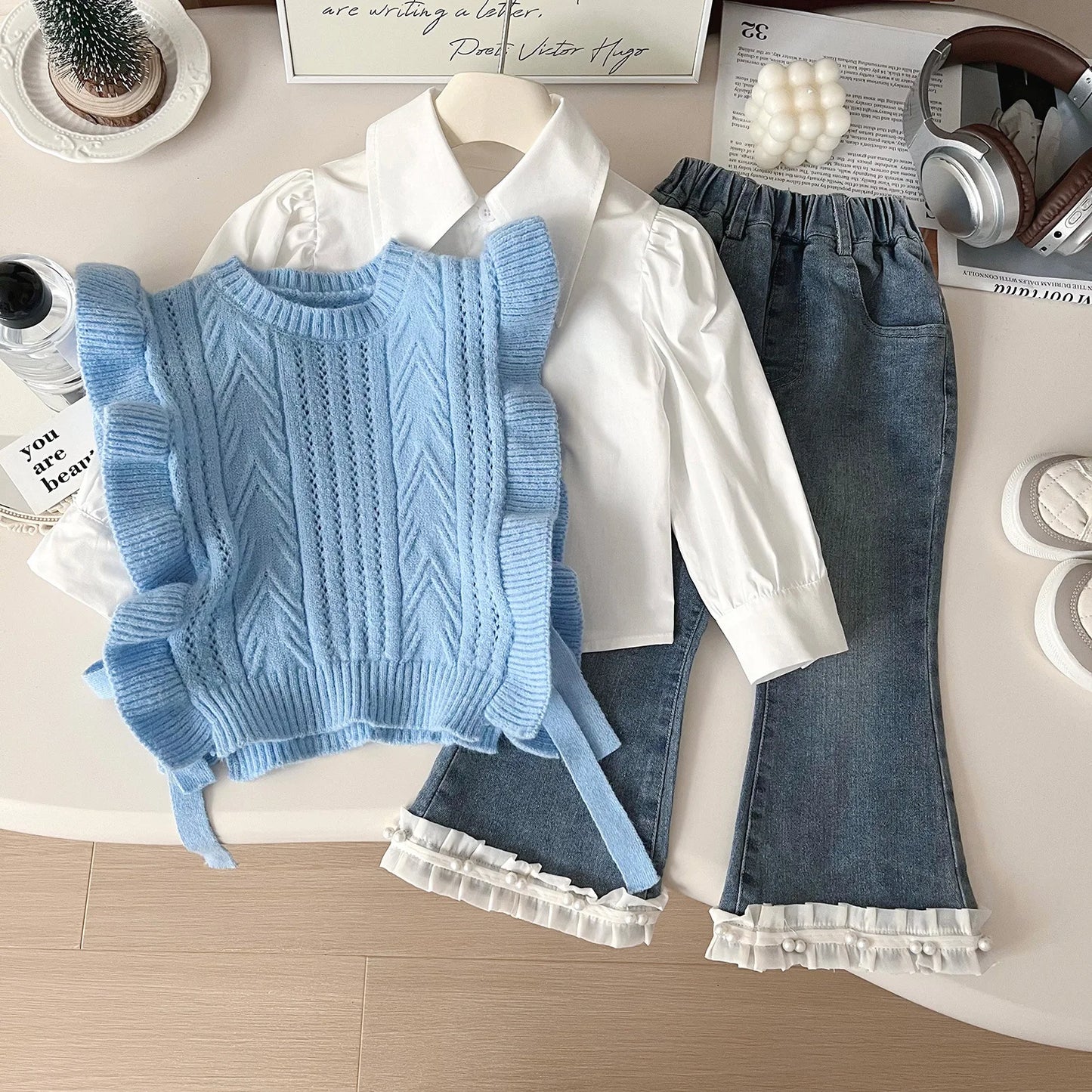 Autumn Girls' Casual Three-Piece Set Trendy Knitted Vest with Solid Pattern Worested Fabric Shirt and Jeans