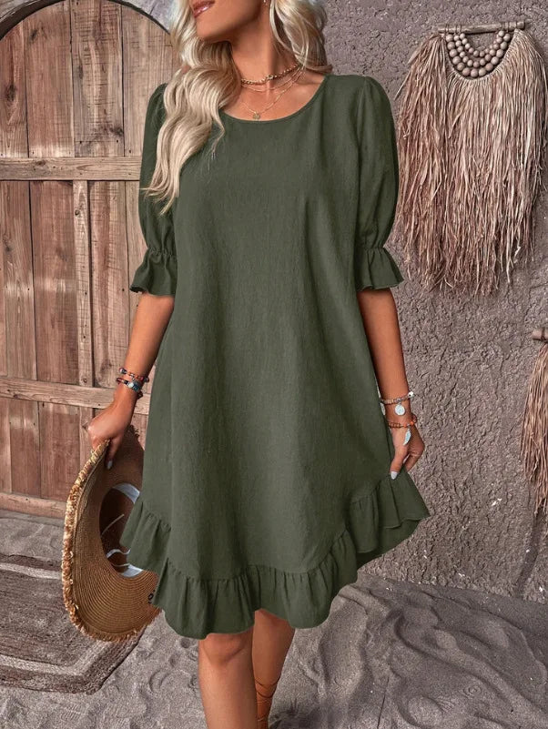 Women's Short Sleeved Round Neck Solid Colour Loose Hem Dress.  S-3X
