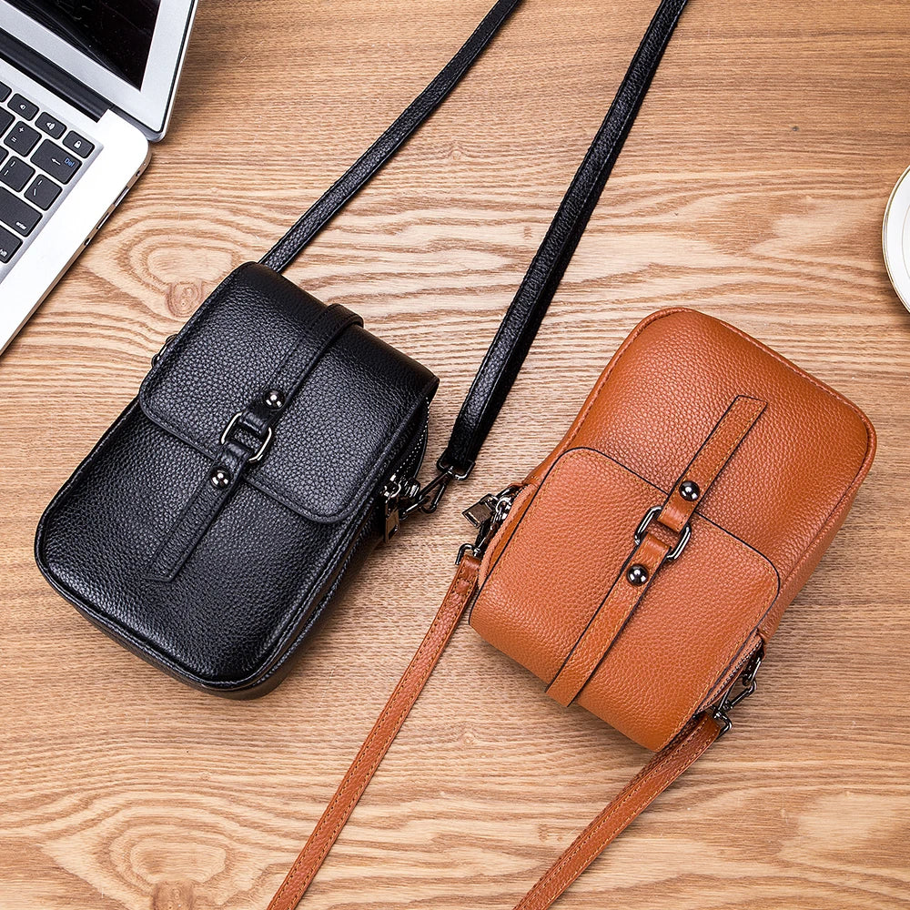 Genuine Leather Women Small Shoulder Bag Cute Crossbody Messenger Female Little Soft Purse Double Zipper Pockets
