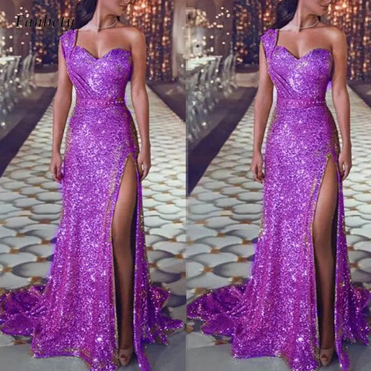 Women Sexy One Shoulder High Split Irregular Dress New Fashion Shiny Sequin Long Evening Lady Elegant Party Dress.  S-3X