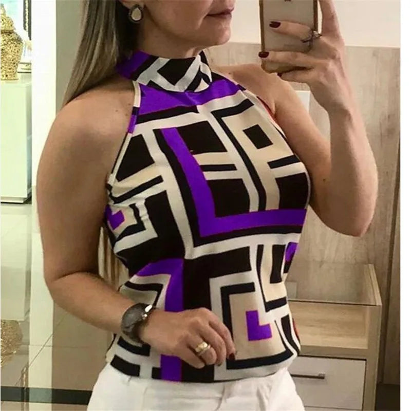 Trendy Tank Top Geometric Print Halter Sexy Casual Sleeveless Shirt.  M-3x