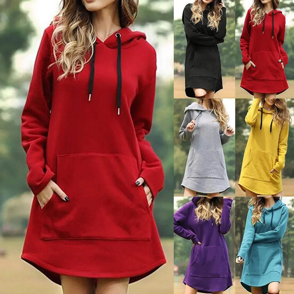 2025 Women Dress/Top Casual Pocket Long Sleeve Hooded Loose Fit Oversized Pullover Hooded Bodycon Dress /Top.   S-5X
